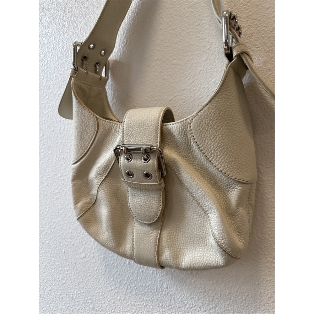 FURLA White Beige Crescent Shoulder Bag with‎ Buckle Accent and Silver Hardware